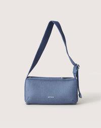 The Graf Lantz rectangular campus shoulder bag in blue features a minimalist design, wide strap, and zippered top. Its textured fabric mimics Merino wools look, adding visual interest to its sleek modern aesthetic, with a small white logo accentuating the style.
