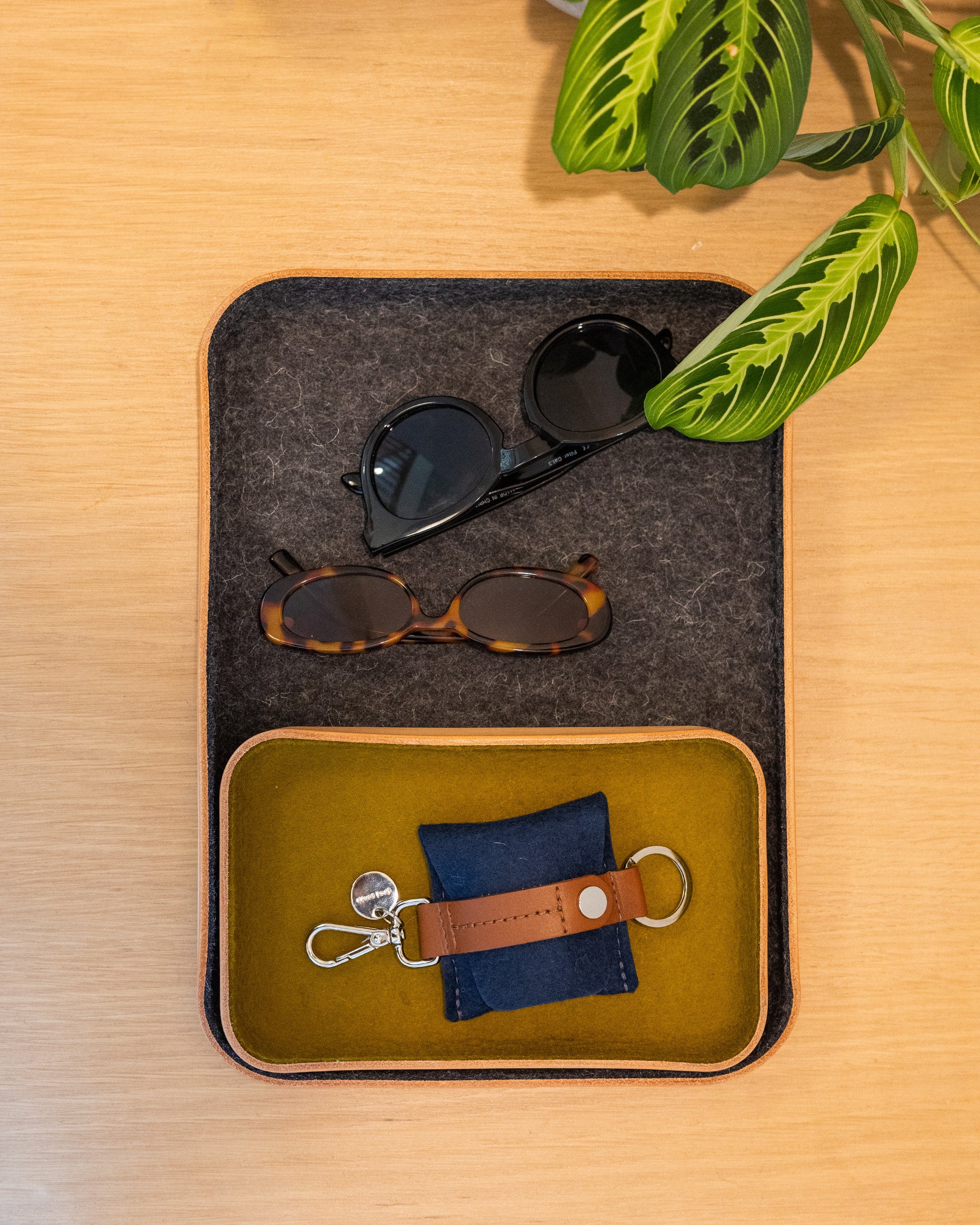 A graf lantz felt catchall tray on a wooden surface holds two pairs of sunglasses and a small blue pouch with a leather keyring. A green leafy plant is partially visible in the top right corner, adding a natural touch to the organized setting.