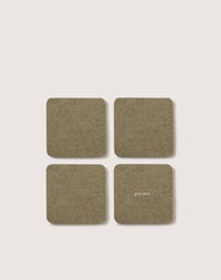 A set of four square olive green Bierfilzl coasters by graf lantz, crafted from German Merino wool, are displayed in a 2x2 grid on a light background. One coaster features small white text.