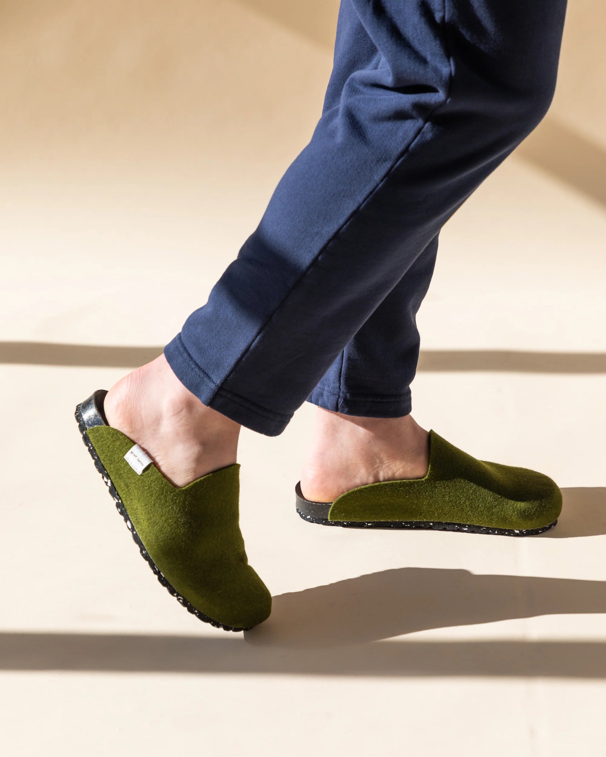 sustainable merino wool felt and recycled cork clogs