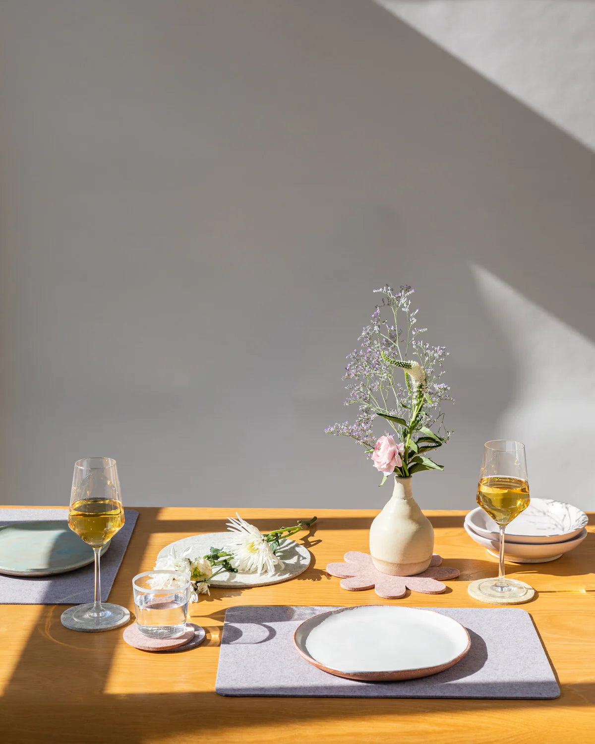 dinner party tablesetting, merino wool felt placemat, food,