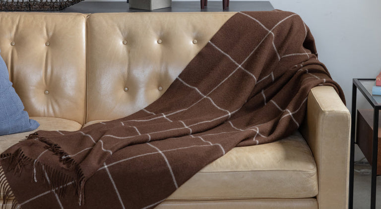 A tan leather couch with a brown throw blanket featuring a white grid pattern draped over one arm. A blue cushion is partially visible on the other side.