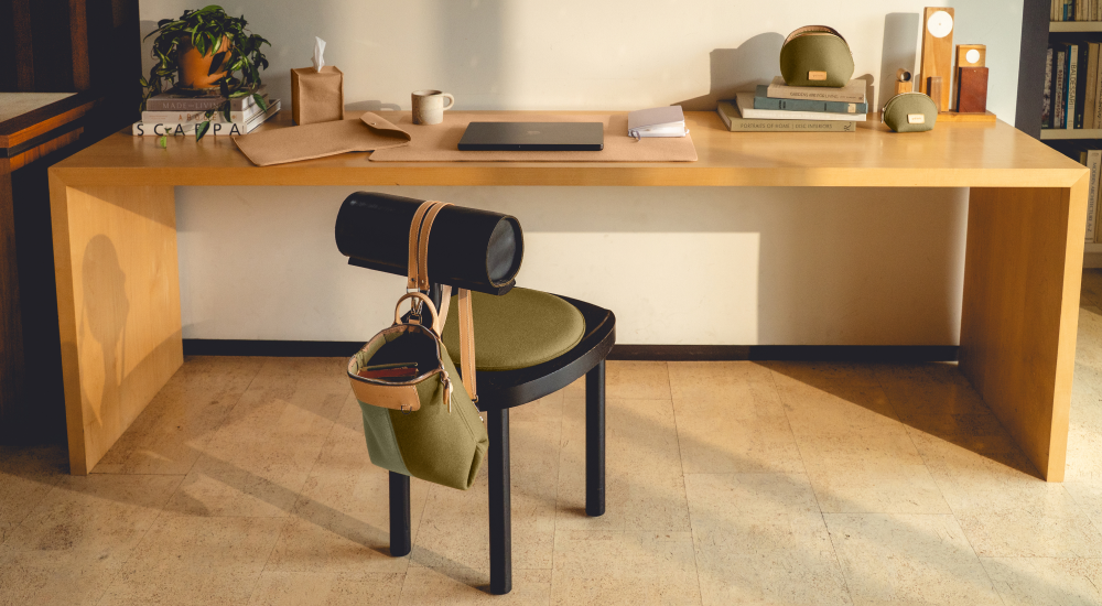 Graf Lantz home workspace with desk mat, coasters, and storage accessories