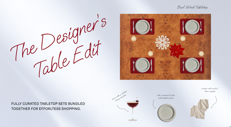 A designer tabletop set on a burl wood table with four place settings, red and white accents, napkins, plates, and drinkware. Text: The Designers Table Edit and product notes.