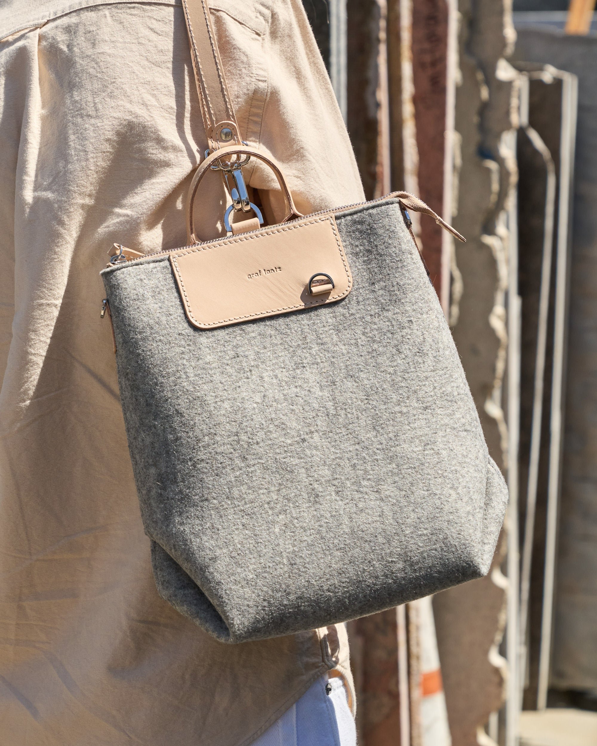Merino Wool and Leather Midi Bedford Backpack in Gray and Beige