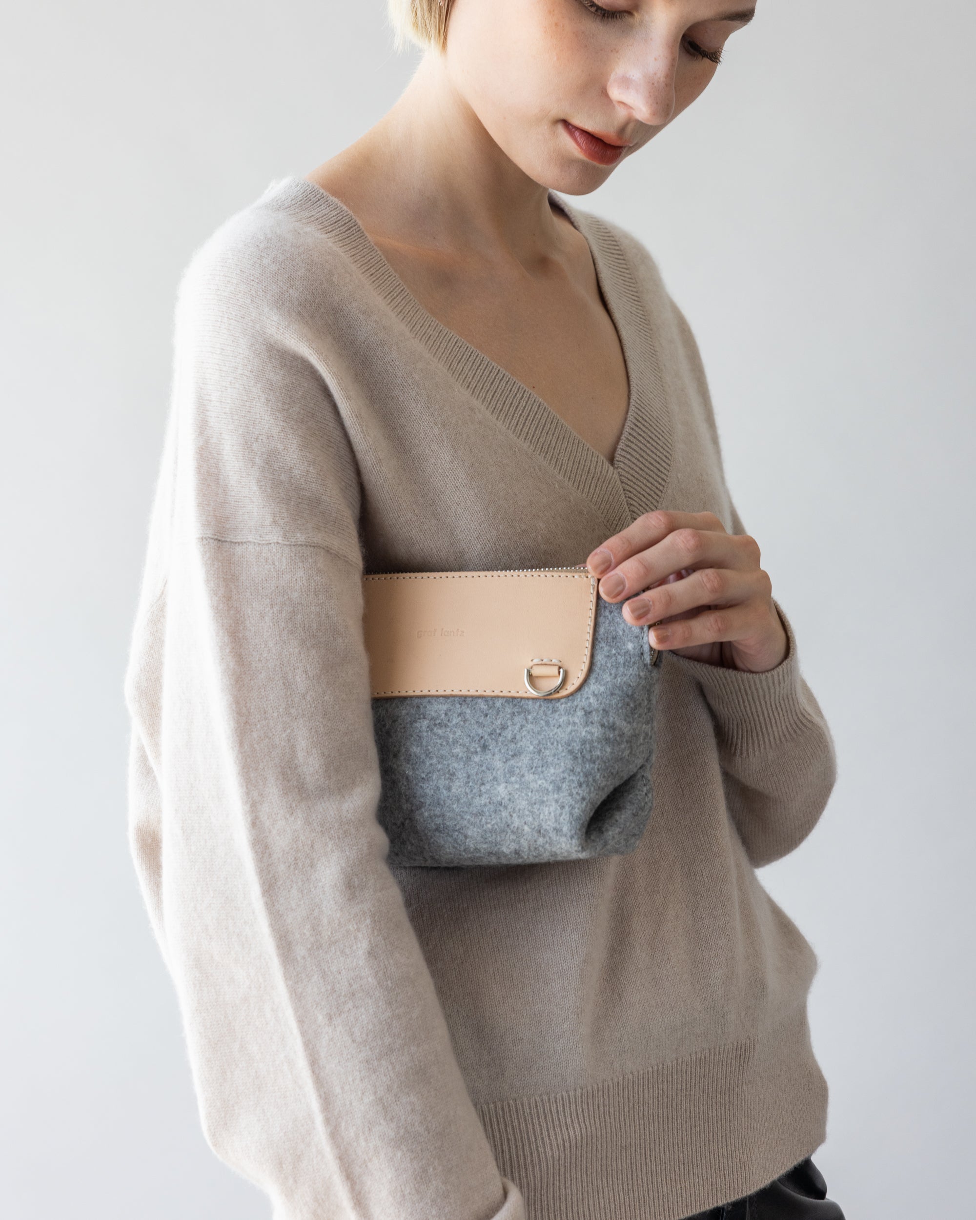 Merino Wool and Leather Bedford Belt Bag in Granite and Natural