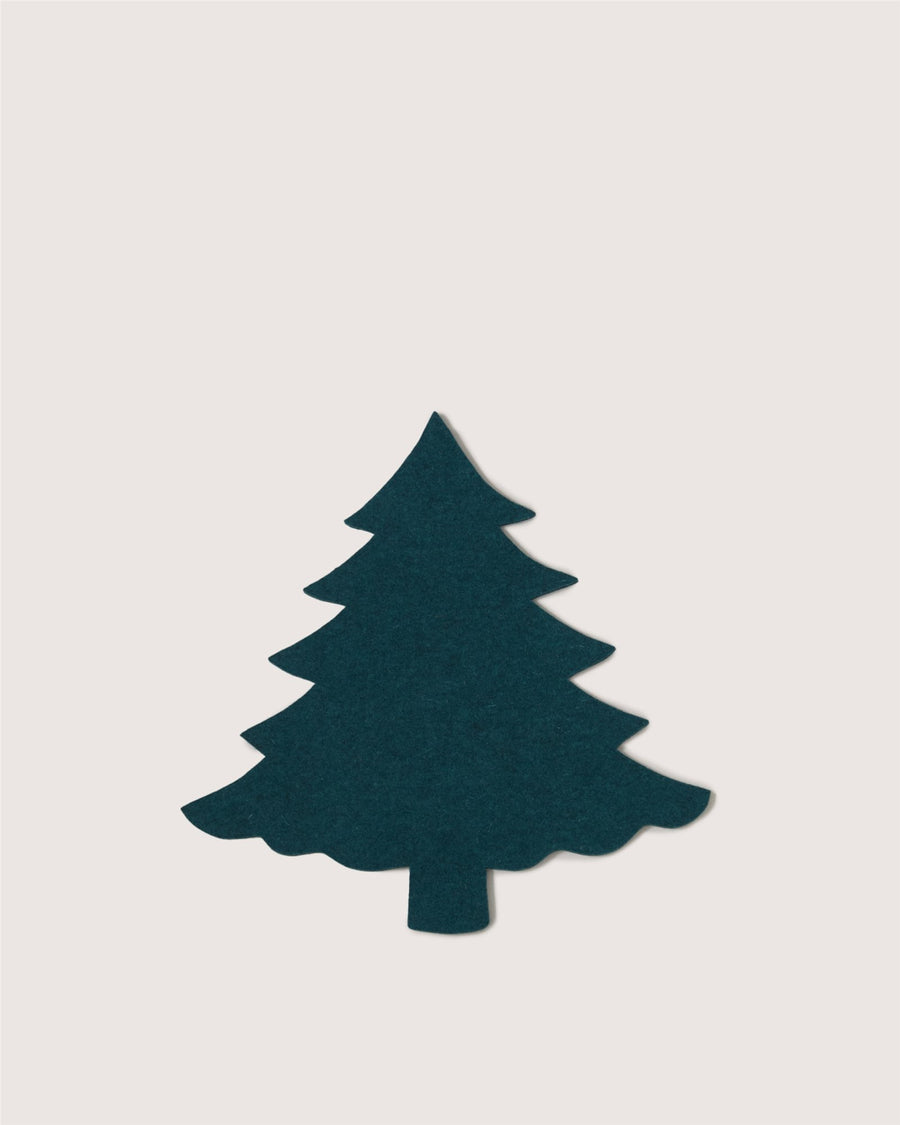 A simple dark green silhouette of a pine tree on a plain light background by Graf Lantz.