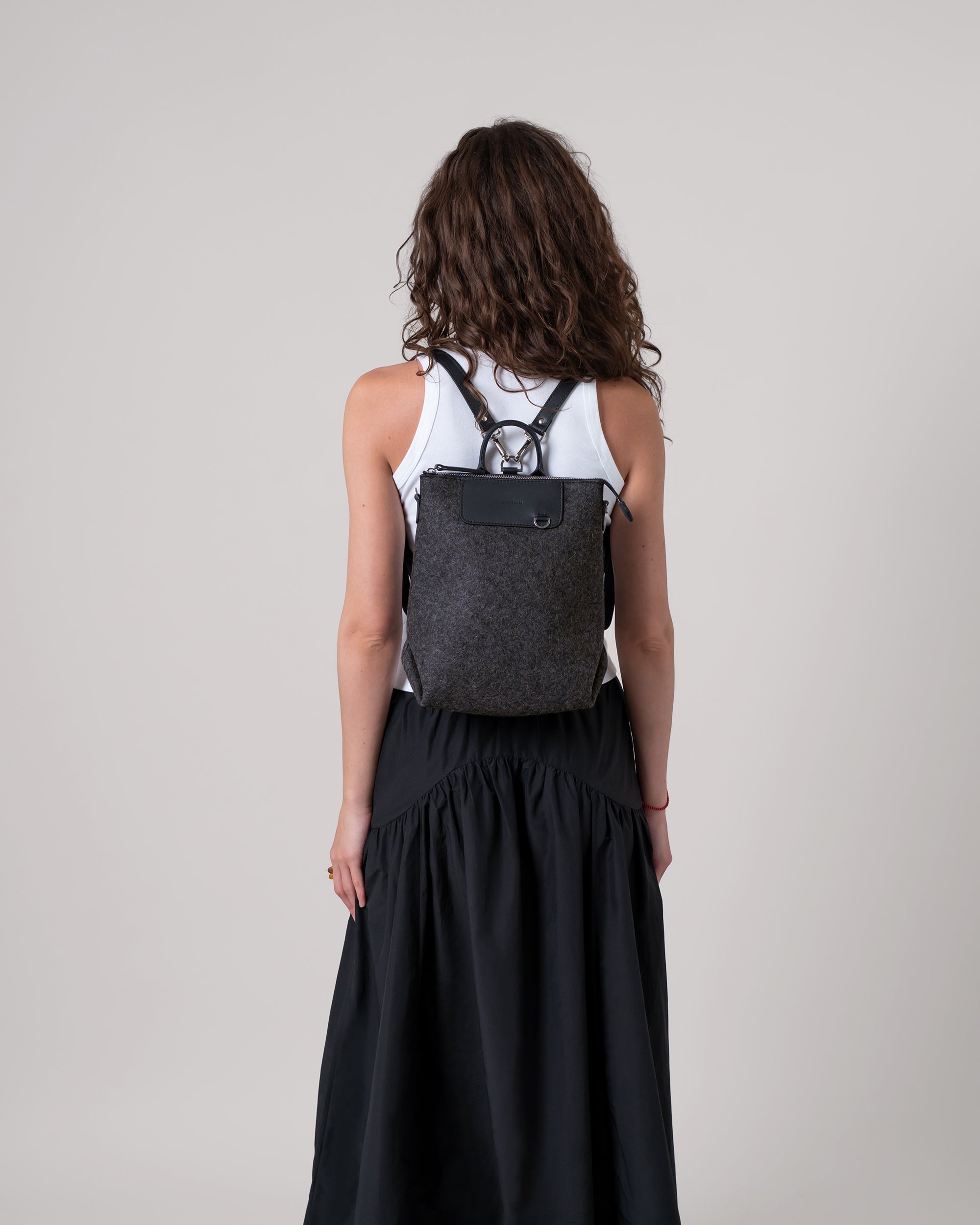 Merino Wool and Leather Mini Bedford Backpack in Dark Gray and