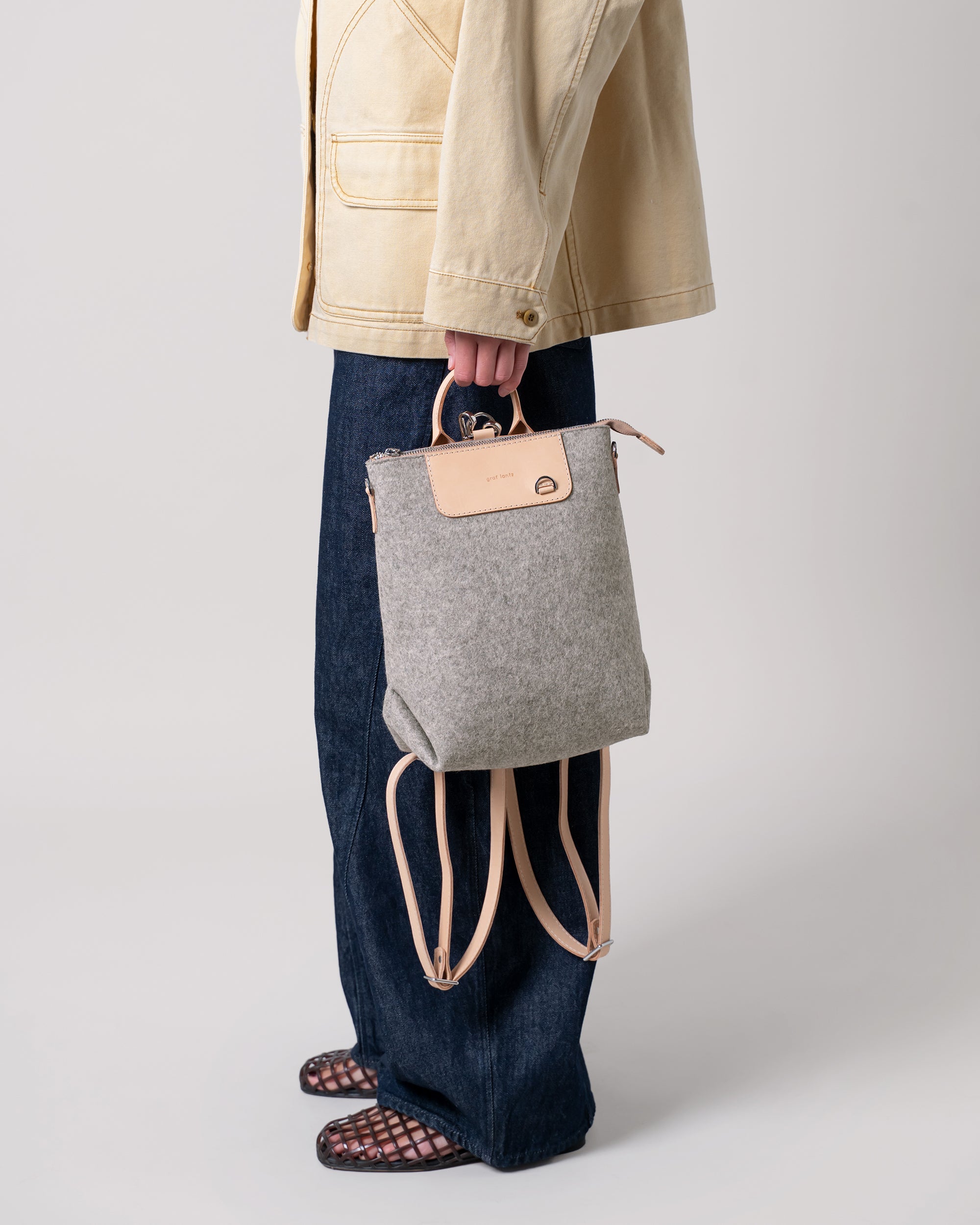 Merino Wool and Leather Midi Bedford Backpack in Gray and Beige