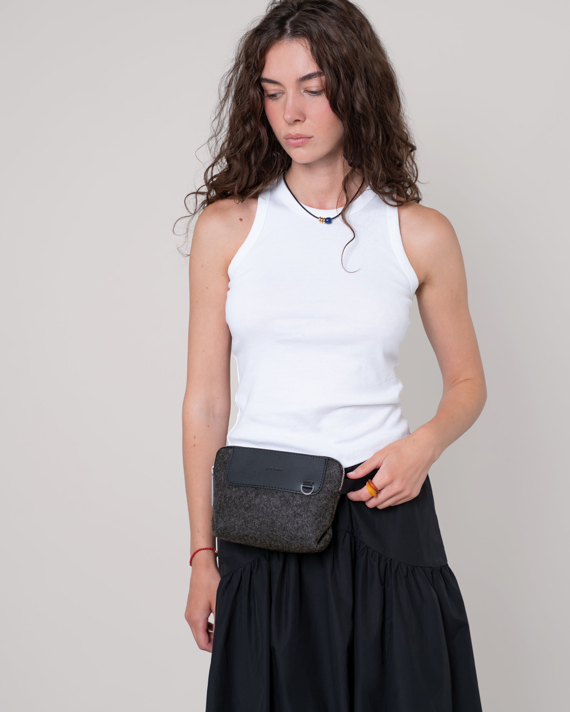 Merino Wool and Leather Bedford Belt Bag in Dark Gray and Black