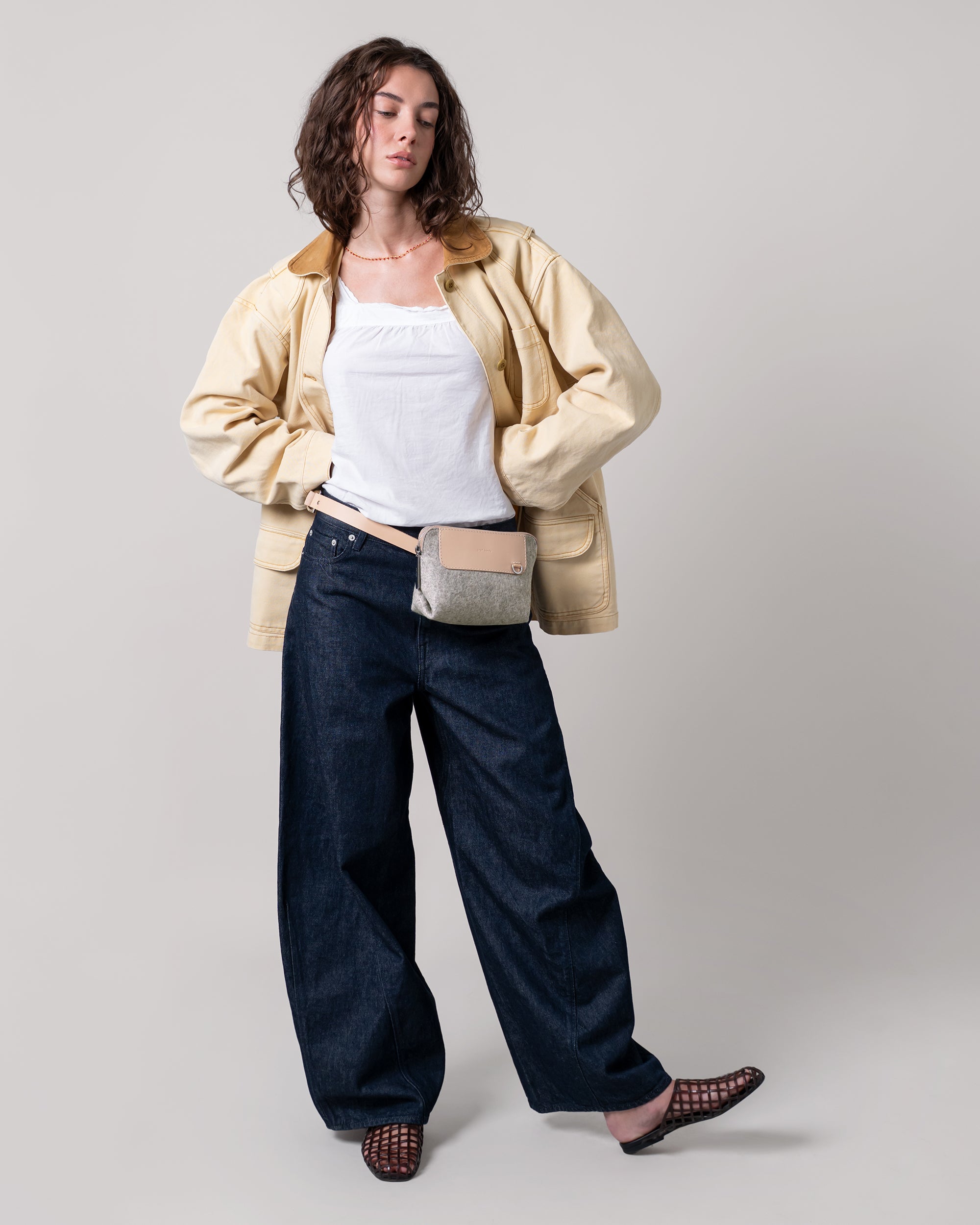Merino Wool and Leather Bedford Belt Bag in Granite and Natural