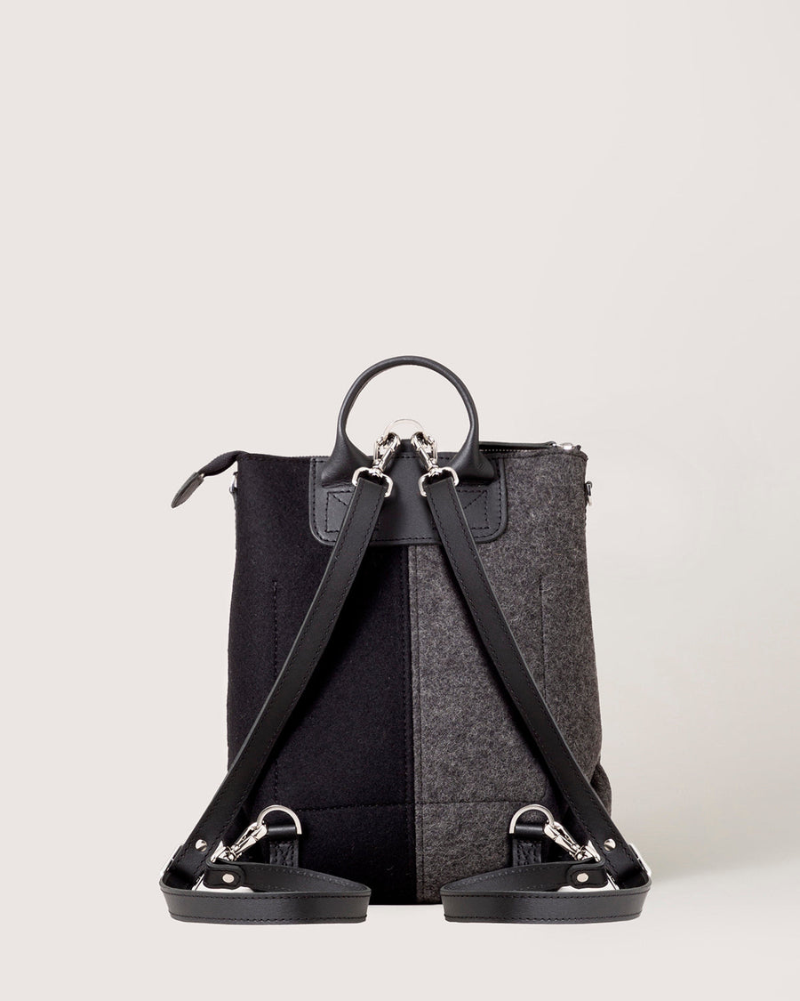 Bedford Merino Wool Colorblock Midi Backpack in Charcoal and Black, rear view, white background