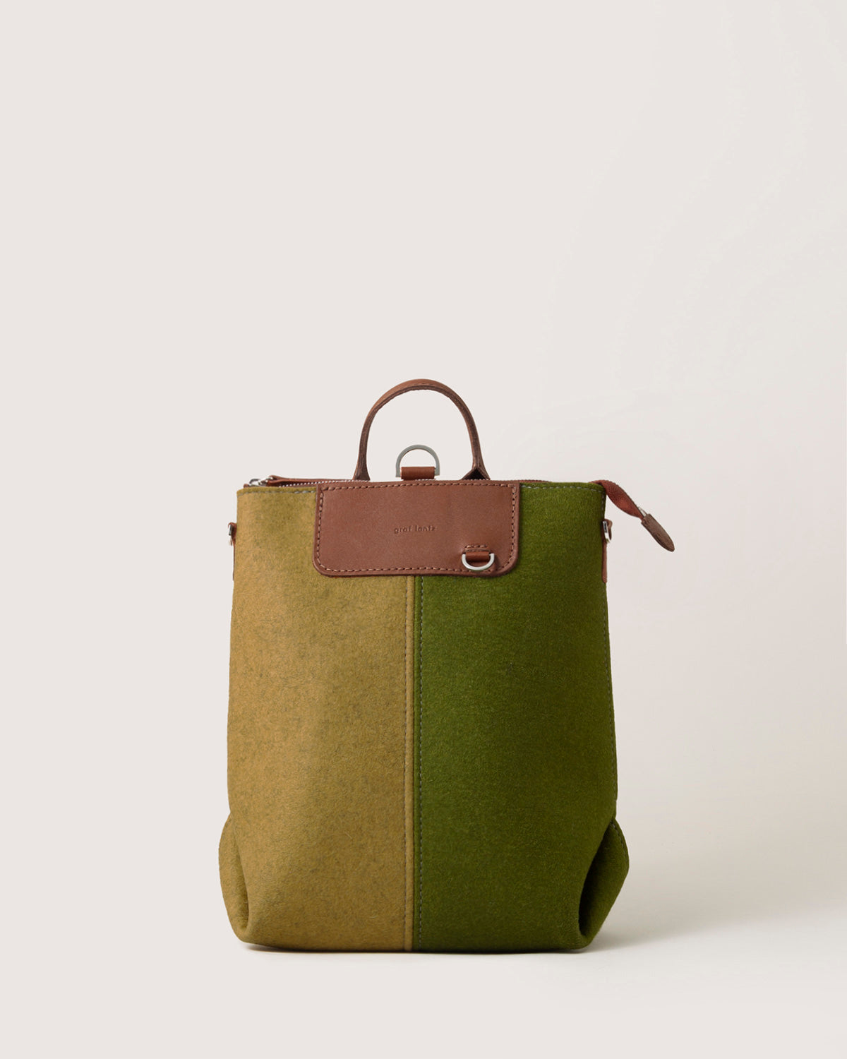 Bedford Merino Wool Colorblock Midi Backpack in Moss and Ochre by Graf Lantz, front view, white background