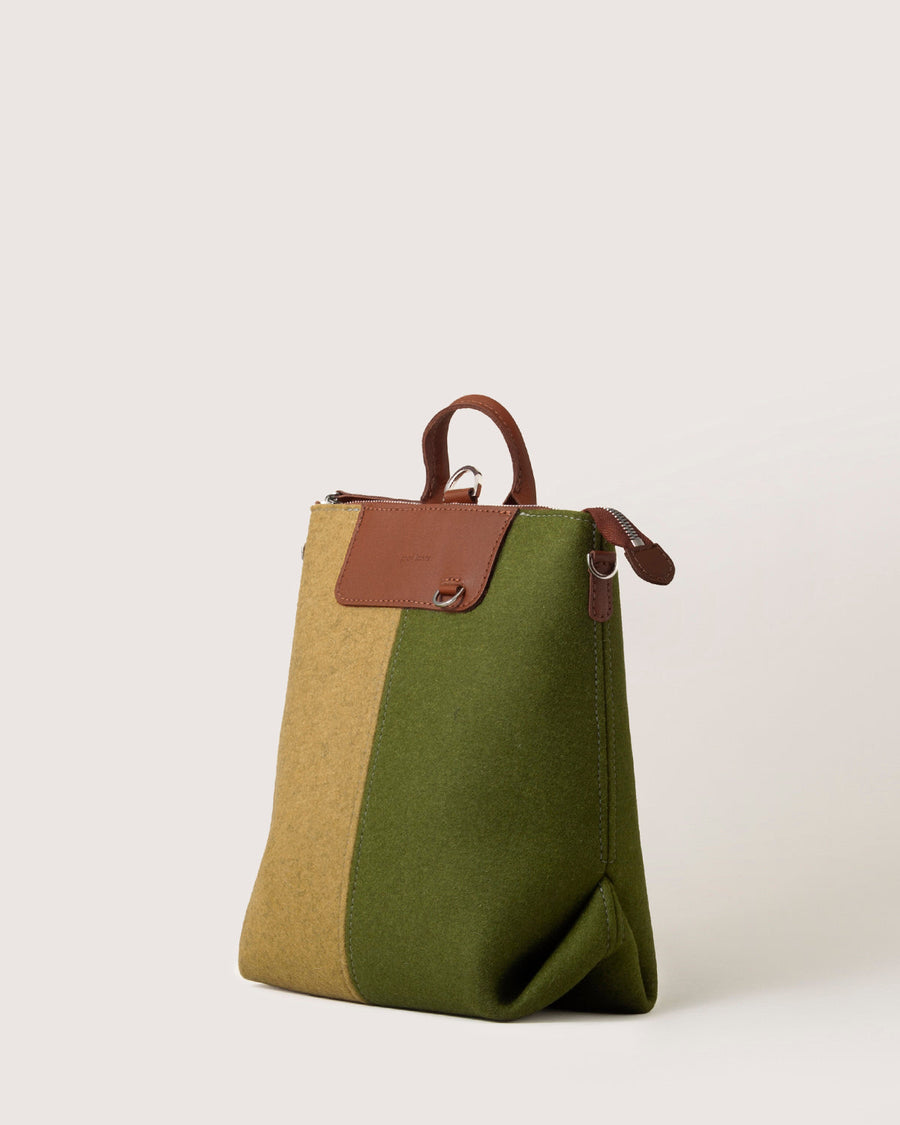 Bedford Merino Wool Colorblock Midi Backpack in Moss and Ochre, side view, white background