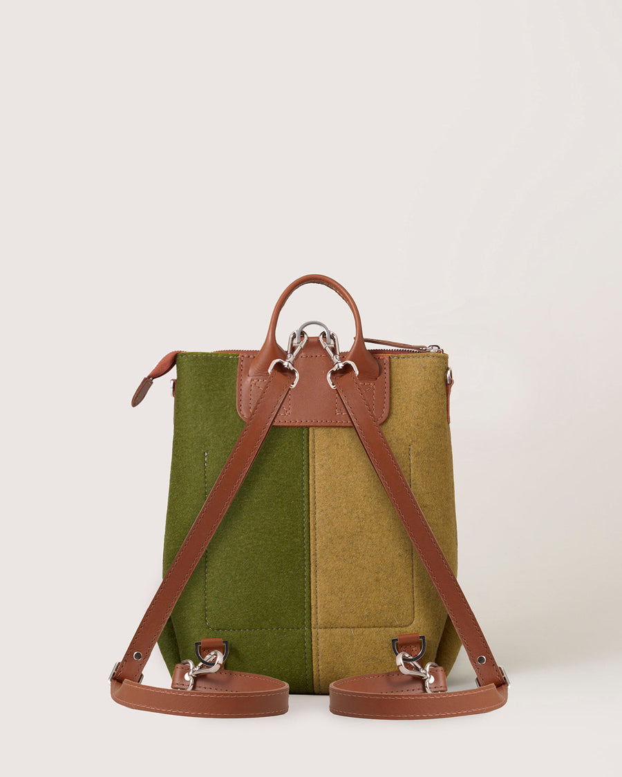 Bedford Merino Wool Colorblock Midi Backpack in Moss and Ochre with brown leather straps, backside, white background