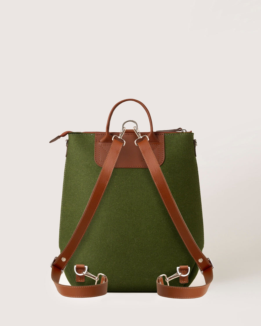 Green Bedford Merino Wool Backpack with brown leather straps by Graf Lantz, rear view, white background