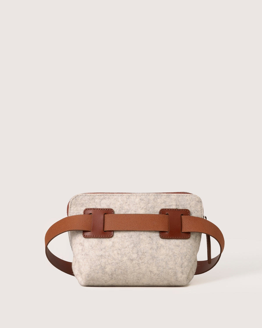 White Bedford Merino Wool Belt Bag with brown accents and leather strap