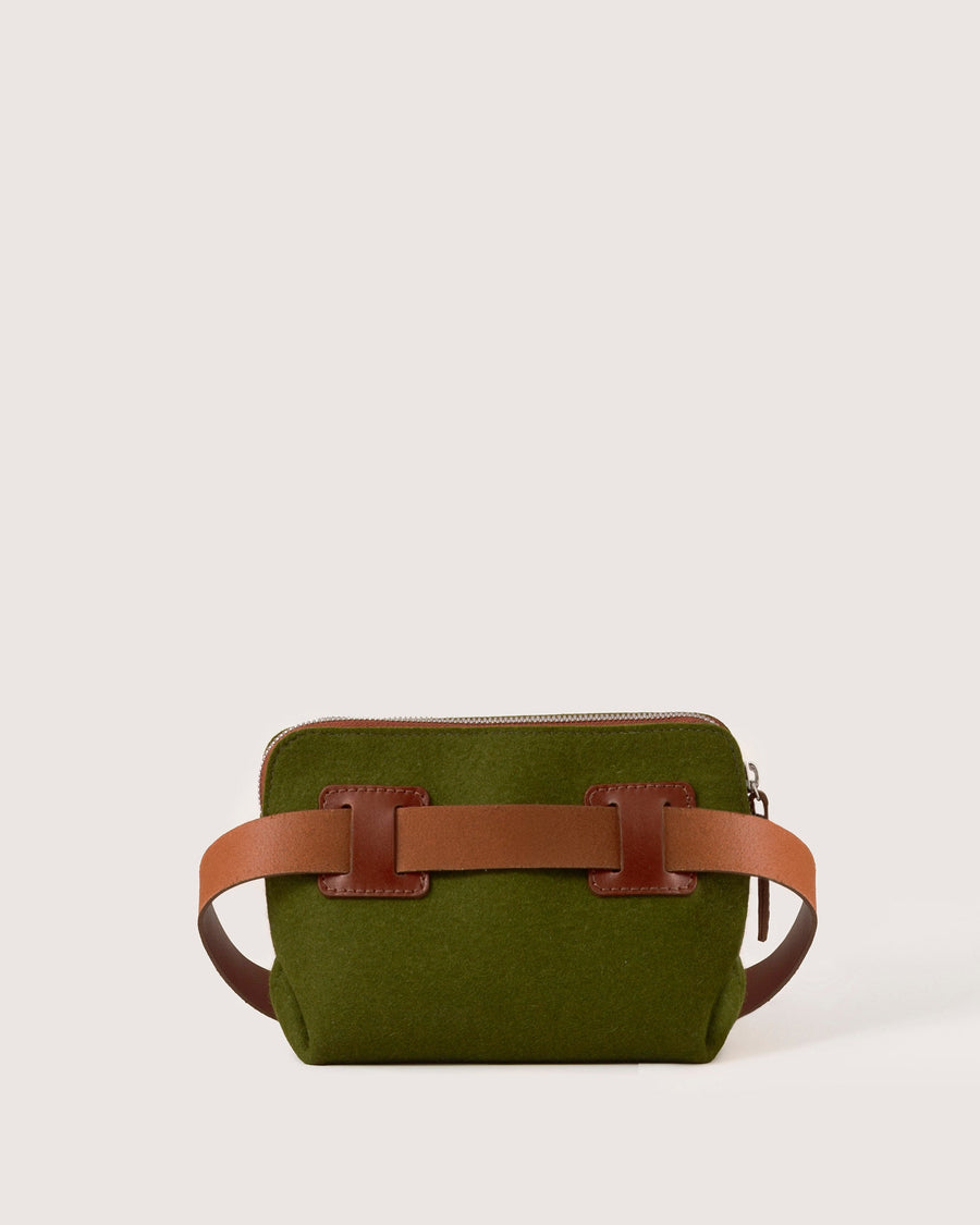 Green Bedford Merino Wool Belt Bag with brown accents and leather strap