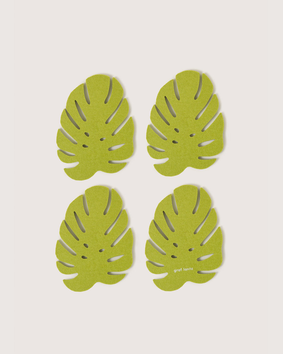 Four light green Monstera-shaped felt coasters by Graf Lantz, white background