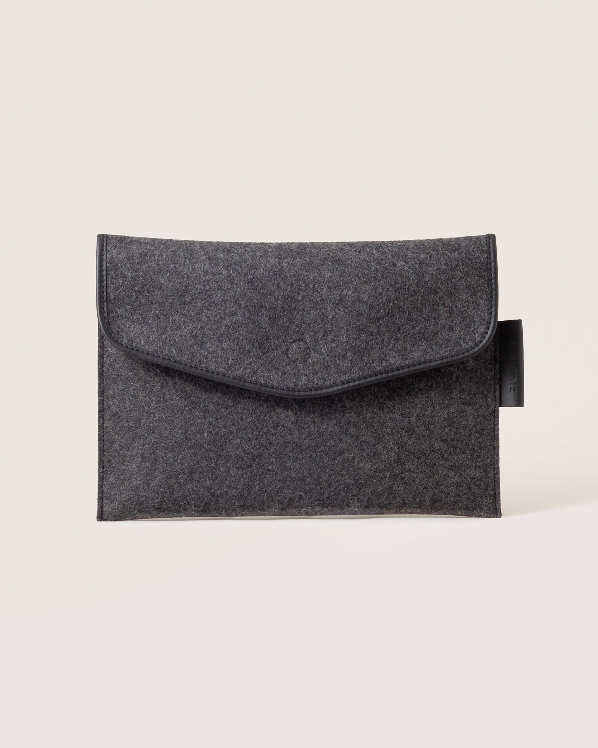 Envelope Merino Wool 14" Tech Sleeve in charcoal color with black leather application by Graf Lantz, front view