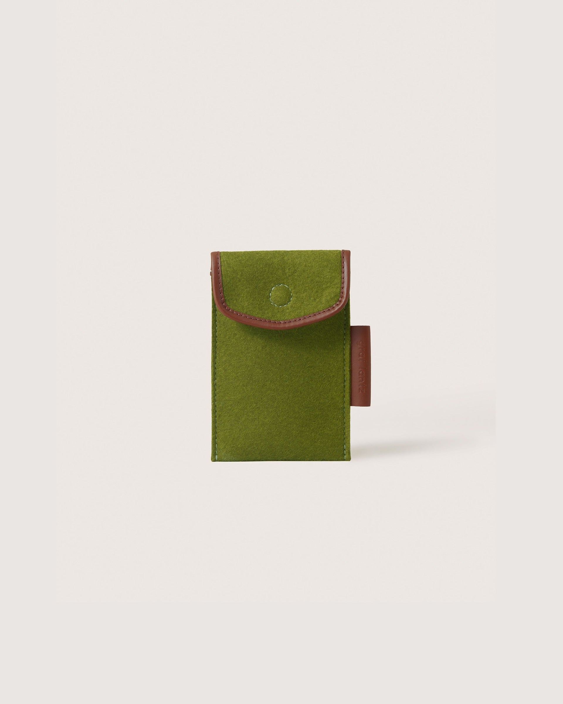 Merino Wool Envelope Accessory Sleeve in moss green with brown leather application, front view