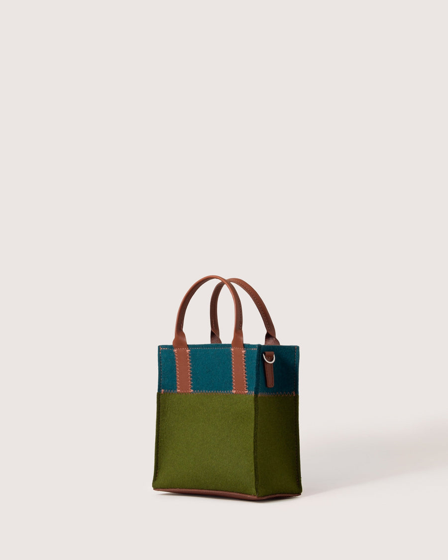 Moss and Kombu colored Jaunt Merino Wool Mini Tote with Sienna leather handles by Graf Lantz, front view, white background