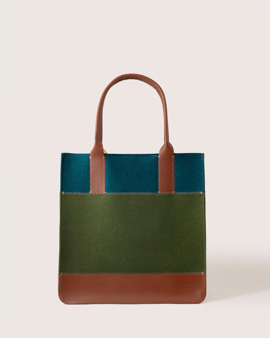 Jaunt Merino Wool Tote in Moss, Kombu with Sienna colored leather handles, front view, white background