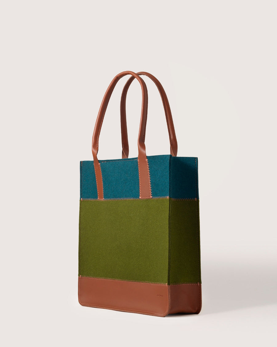 Jaunt Merino Wool Tote in Moss and Kombu by Graf Lantz, side view, white background