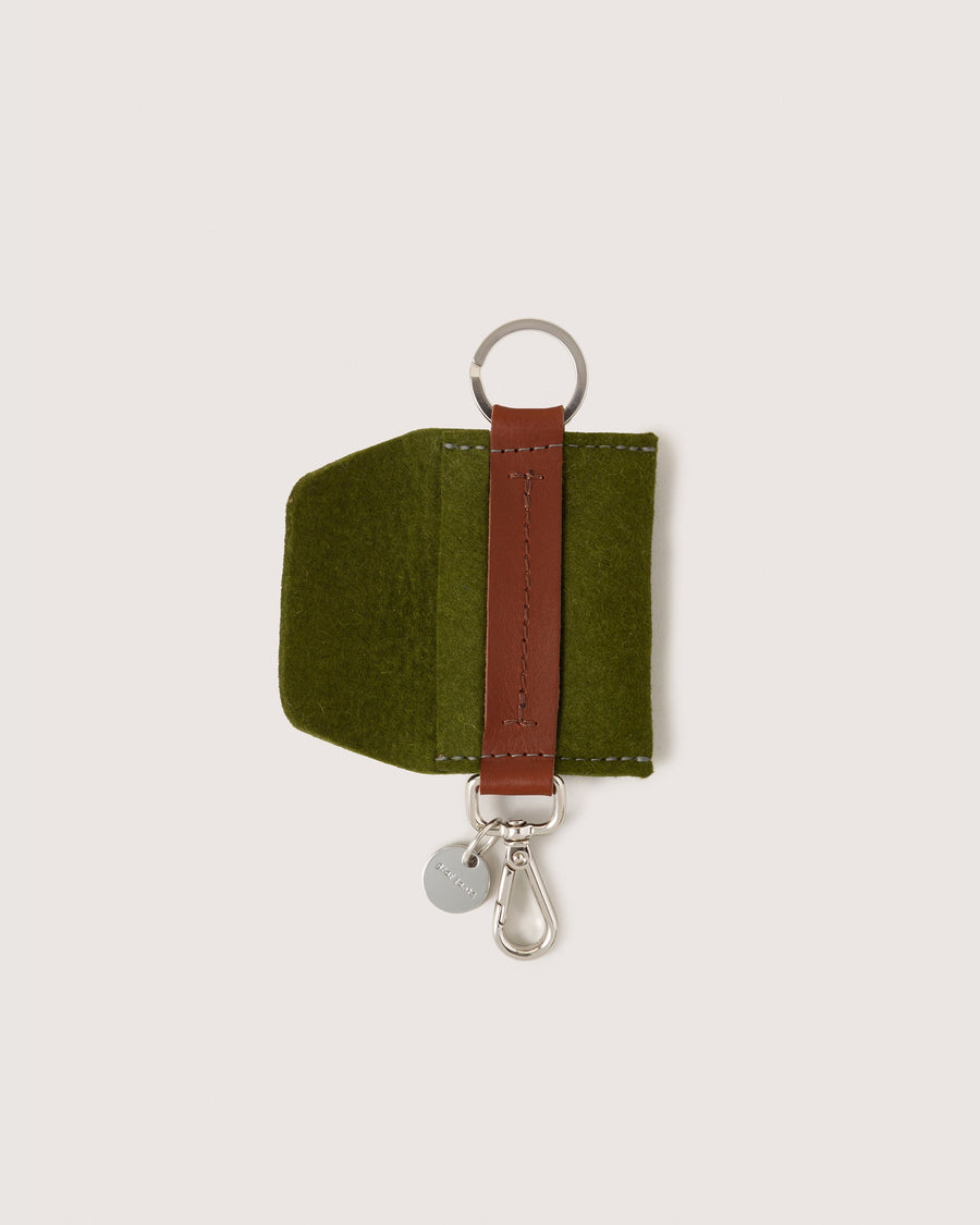 Merino Wool Card Key Fob in color Moss with open envelope flap, white background