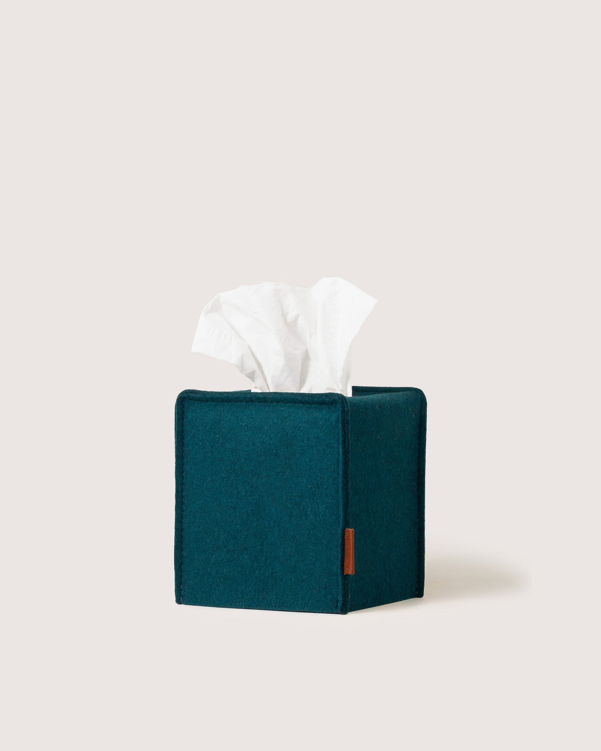 Merino Wool Small Tissue Box Cover in Kombu color with brown leather accents, white background